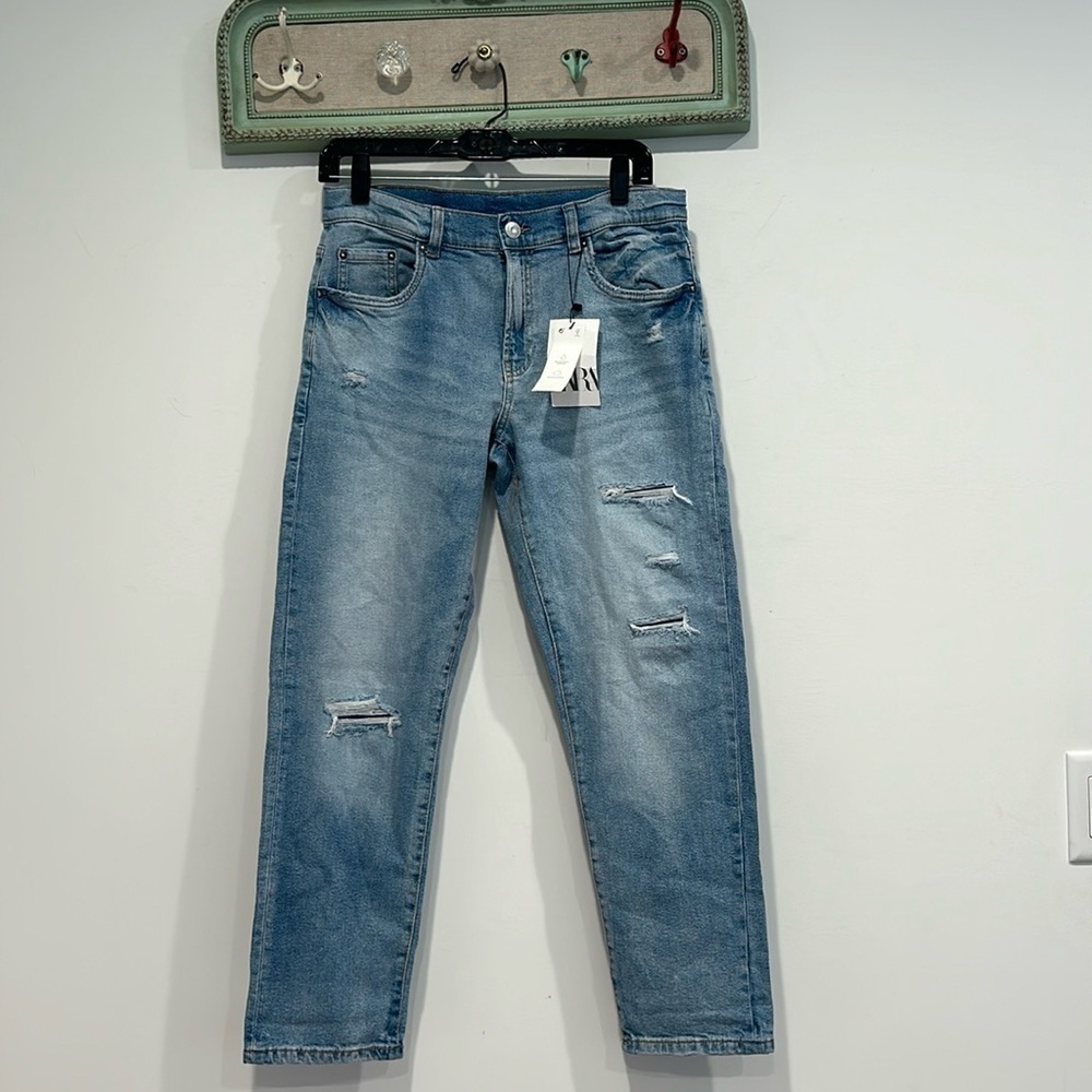 Zara straight vintage denim jeans light blue wash distressed 13-14 new with tag